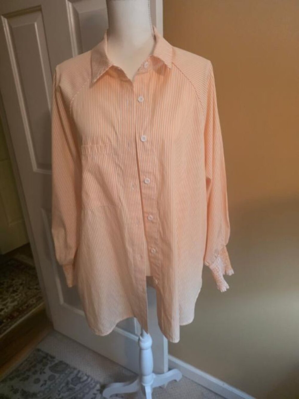 Womens Button Down Blouse orange Striped Smocked Cuffed Boyfriend Shirt  XL